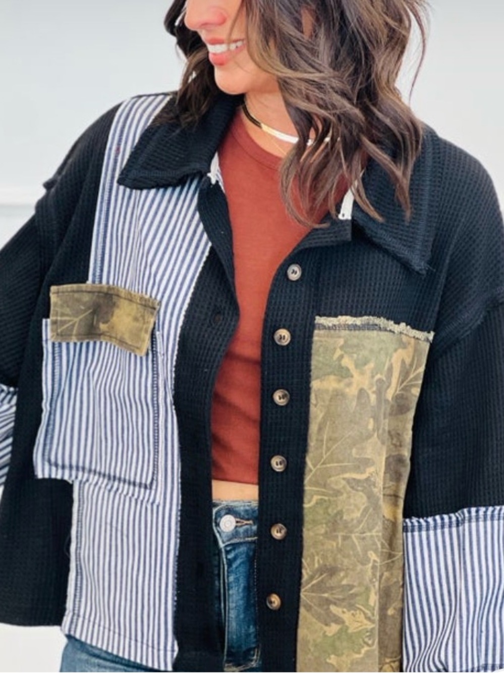 🌟POL Patchwork Utility Jacket in Black, Rust, Olive & Striped Blue🌟